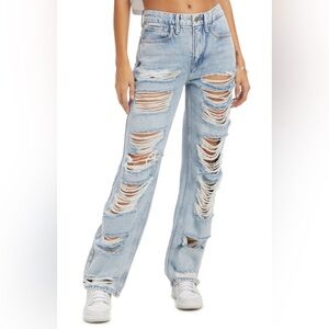 Good American Good ‘90s Extreme Rip Light Blue Denim Jeans Distressed Indigo